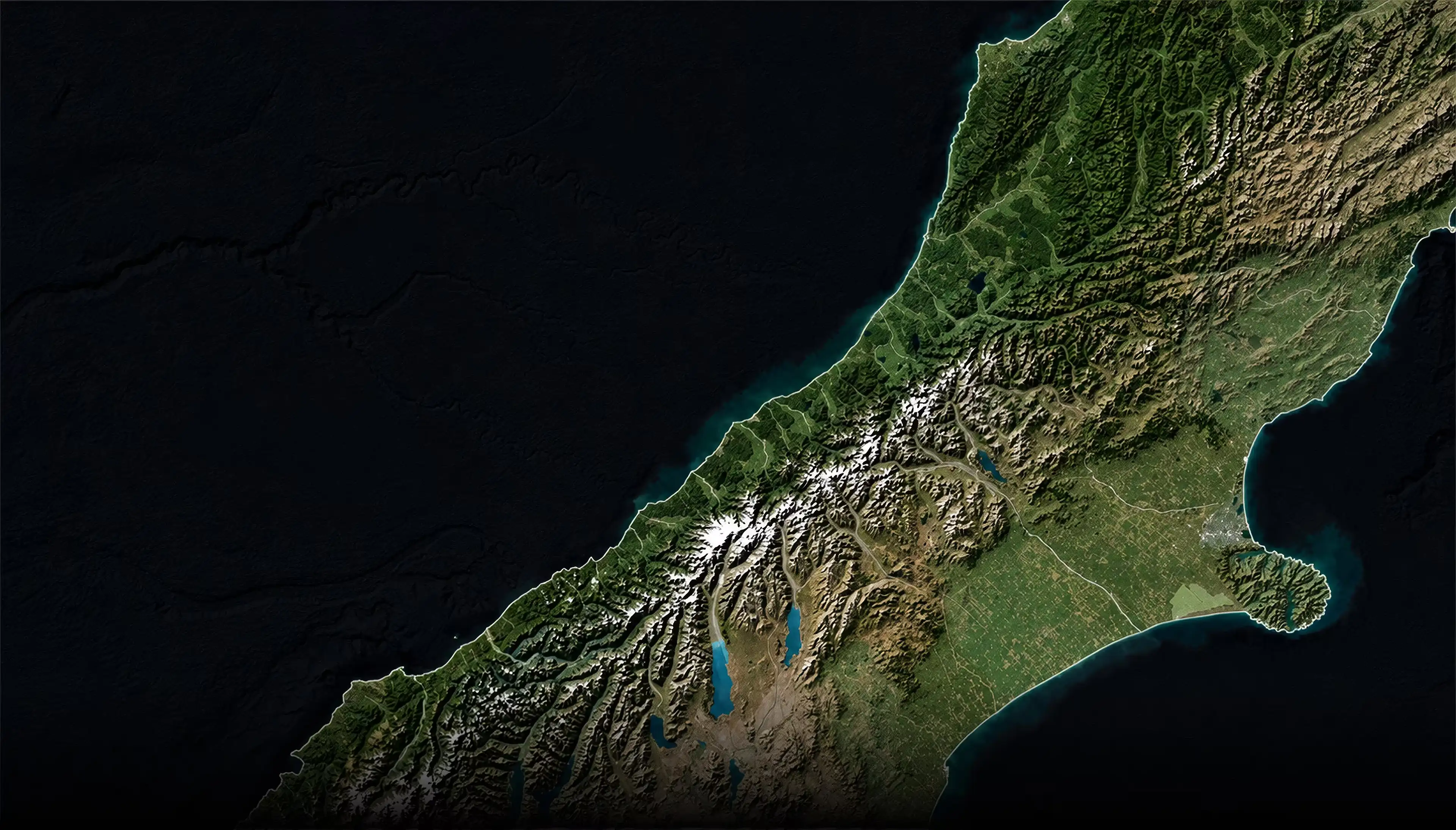 Satellite map of the mid South Island showing Southbase's Christchurch office and projects