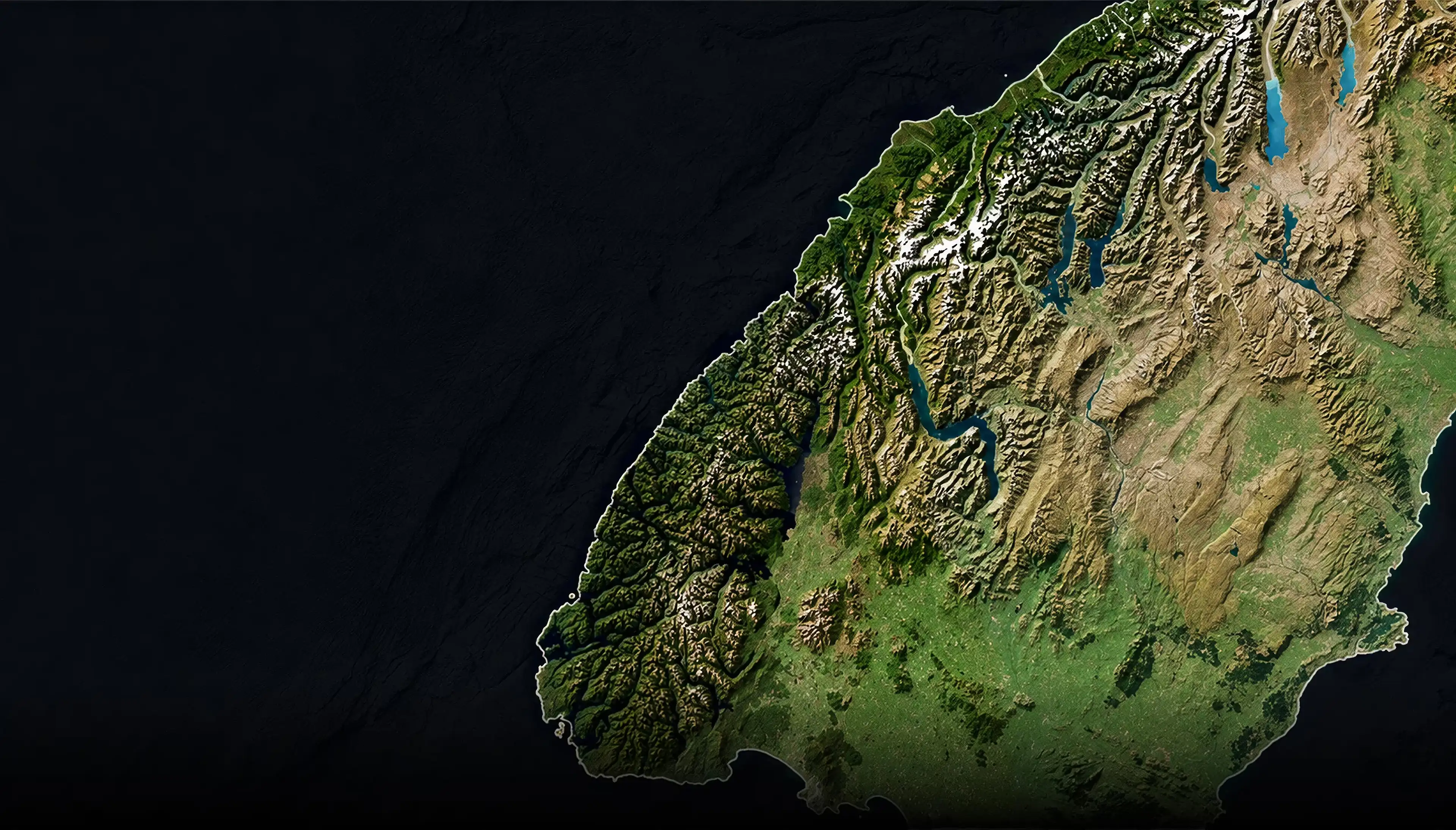 Satellite map of Fiordland, Southland and Central Otago showing Southbase's Queenstown office and projects